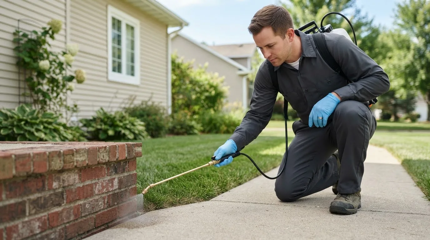 Pest control technician treating a home near Northford, CT